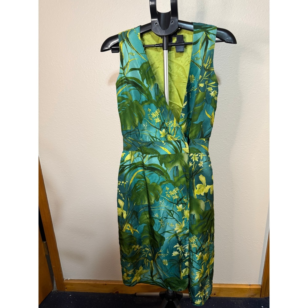 Harolds 100% Silk Tropical Floral Wrap V-Neck Sheath Dress Green Teal Size 2